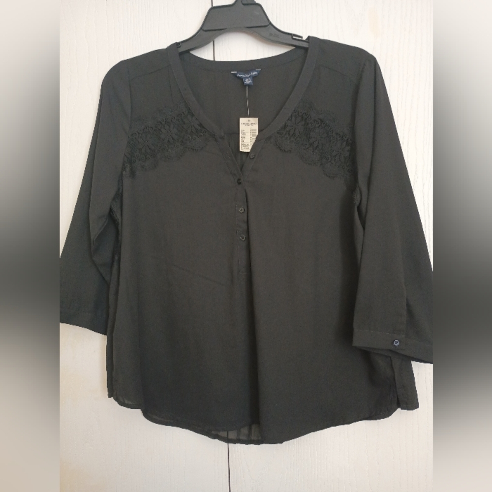 American Eagle Outfitters Women's Size XL Black Blouse with Lace Inserts
